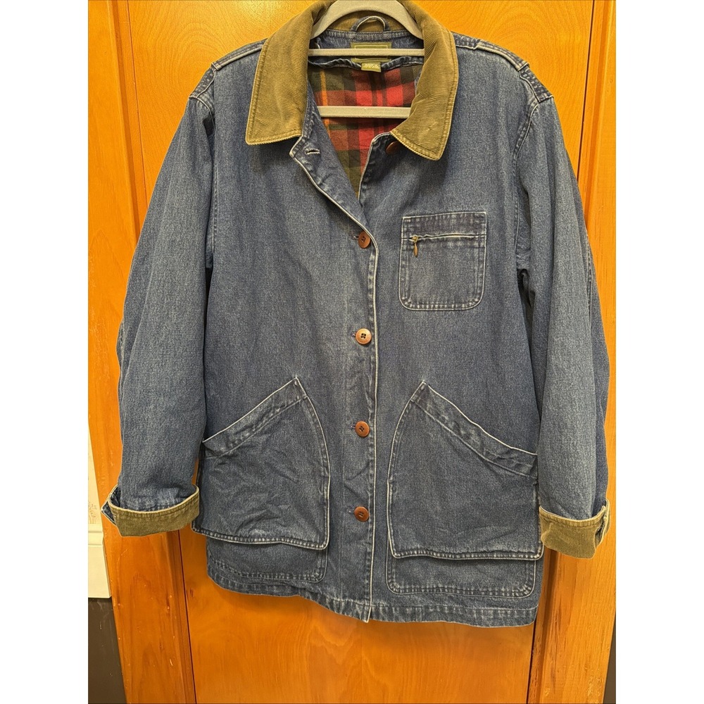 LL Bean Denim Barn Chore Coat Womens M Corduroy Collar Plaid Flannel Lined 90s